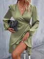 Elegant olive green satin V-neck wrap dress with long puff sleeves for summer - Army Green