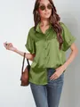 Casual olive green satin short sleeve button-down shirt with a loose fit for women - Olive Green