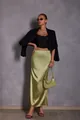 Elegant avocado green satin maxi skirt for women with high gloss finish and fishtail design - S / Bottoms / Olive