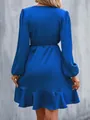 Elegant royal blue satin mini dress featuring long lantern sleeves and a ruffled hemline - Sapphire Blue