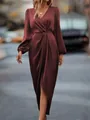 Detailed view of burgundy satin maxi dress with lantern sleeves and twist waist design - XS / Satin Irregular Slit Long Sleeve Dress / Brown