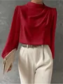Elegant solid red satin long sleeve blouse featuring a pleated mock neck for professional women - S / Tops / Red
