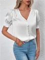 Elegant white satin V-neck blouse with short puff sleeves and button-down front - XS / Tops / White