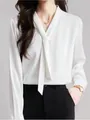 Elegant white satin long-sleeve blouse with V-neck and stylish ribbon tie for work. - XS / Tops / White