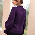 Elegant purple satin blouse with ruffled high collar and smocked puff sleeve cuffs - XS / Tops / Purple