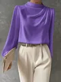 Elegant purple satin long-sleeve blouse with pleated neck detail for women - S / Tops / Violet