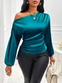 Elegant emerald green satin blouse with asymmetrical slant neck and long sleeves detail - S / Tops / Blue