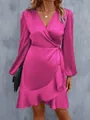 Elegant fuchsia V-neck satin wrap dress with long puff sleeves and a ruffled hem detail - Hot Pink