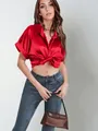 Elegant red satin short sleeve tie-front button down shirt for women in casual style - Red