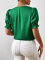 Elegant French style green satin short sleeve blouse with puff ruffle details for women - XS / Tops / Green