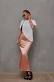 Rose gold satin midi skirt with fishtail hem for elegant summer style - S / Bottoms / Peach