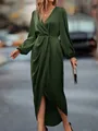 Close-up of the pleated wrap waist and lantern sleeves on a luxurious dark green satin dress - XS / Satin Irregular Slit Long Sleeve Dress / Army Green