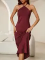Elegant burgundy satin halter neck dress with smooth drape and sexy backless design - XS / Tops / Burgundy