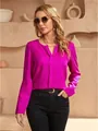Elegante camicetta in raso magenta a maniche lunghe con scollo a V per l'ufficio da donna - Rosso rosa