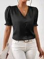 Elegant black satin V-neck blouse featuring ruffled short sleeves and front button closure - XS / Tops / Black