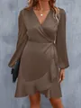 Elegant brown satin V-neck wrap dress with long sleeves and ruffled hem detail - Coffee