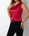 Elegante ärmellose rote Satinbluse mit V-Ausschnitt für einen schicken professionellen Look - S / Oberteile / Burgunderrot
