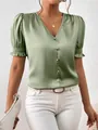 Elegant sage green satin V-neck button-down blouse with ruffled puff short sleeves - Mint Green