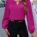 Elegante blusa de satén fucsia de manga larga con un elegante escote en V para mujer - Rosa rojo