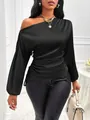 Detailed close-up of a black asymmetrical satin blouse with elegant gathered waist - S / Tops / Black