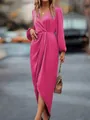 Elegant fuchsia satin maxi dress with V-neck lantern sleeves and irregular split hem. - XS / Satin Irregular Slit Long Sleeve Dress / Rose Red