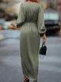 Elegant sage green satin maxi dress with lantern sleeves and back view slit detail - Green