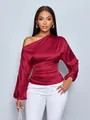 Detail of burgundy satin one-shoulder blouse with asymmetric long sleeves and waist ruching - Red