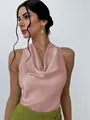 Blusa sin mangas de satén rosa con cuello drapeado para la moda mujer de primavera - XS / Tops / Albaricoque