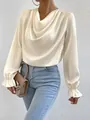 Elegant cream satin blouse with cowl neck and ruffle cuffs for women's spring fashion - 2XL / Tops / Apricot