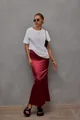 Elegant burgundy satin fishtail midi skirt for women with high waist and silky finish - Burgundy