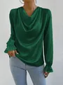 Detailed view of elegant dark green satin long sleeve blouse featuring a cowl neck design - 2XL / Tops / Green