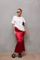 Elegant red faux silk satin maxi skirt with a fishtail hem for a chic summer look - Red
