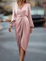 Elegant mauve pink satin wrap maxi dress with long lantern sleeves and front slit detail - Pink