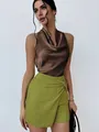 Elegant sleeveless brown satin top paired with a stylish textured green skirt.. - Coffee