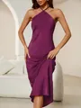 Elegant purple satin halter midi dress with backless design for summer evening parties - XS / Tops / Purple