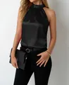 Detailed view of elegant black satin halter neck sleeveless top with pleat collar detail - S / Tops / Black