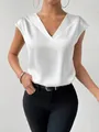 Close-up of white satin V-neck blouse with elegant silk-like texture - S / Tops / White
