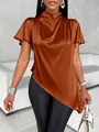 Elegant brown satin blouse with high neck and asymmetrical hem for women. - S / Tops / Brown