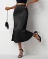 Elegant black satin mermaid midi skirt with high waist and smooth, luxurious finish. - S / Bottoms / Black