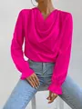 Elegant magenta satin long sleeve blouse with cowl neck and ruffled cuffs - 2XL / Tops / Pink
