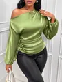 Elegant olive green satin asymmetrical blouse with long sleeves and slanted neck for women - S / Tops / Green