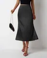 Élégante jupe midi sirène en satin noir avec un éclat soyeux et un drapé fluide luxueux - Gris foncé