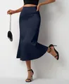 Elegant navy blue satin mermaid midi skirt featuring a high waist and glossy finish - S / Bottoms / Dark Blue