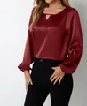 Elegant wine red satin blouse with long puff sleeves and cutout neckline detail - S / Tops / Burgundy