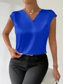 Elegant royal blue satin V-neck sleeveless blouse for women, summer fashion top. - S / Tops / Blue