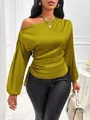 Women's mustard yellow asymmetrical satin shirt with long sleeves and side ruching - Yellow
