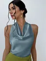 Elegant blue sleeveless satin cowl neck shirt for women's professional summer wear - Blue