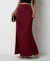 Elegant burgundy satin maxi skirt featuring a high waist and smooth flowing fabric texture - Burgundy