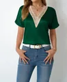 Detailed view of elegant green satin V-neck blouse featuring delicate lace trim - S / Tops / Green