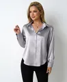 Elegant silver long-sleeved satin blouse featuring a classic collar and button-down front - Gray